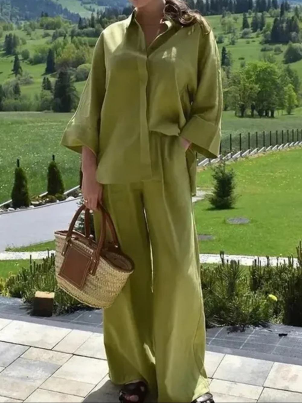 Zara Pistachio Green Relaxed Wide-Leg Linen Blend Set